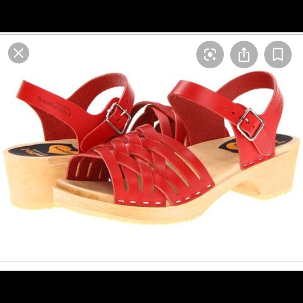 Red Leather Woven Clog Sandals with Buckle Strap - Women